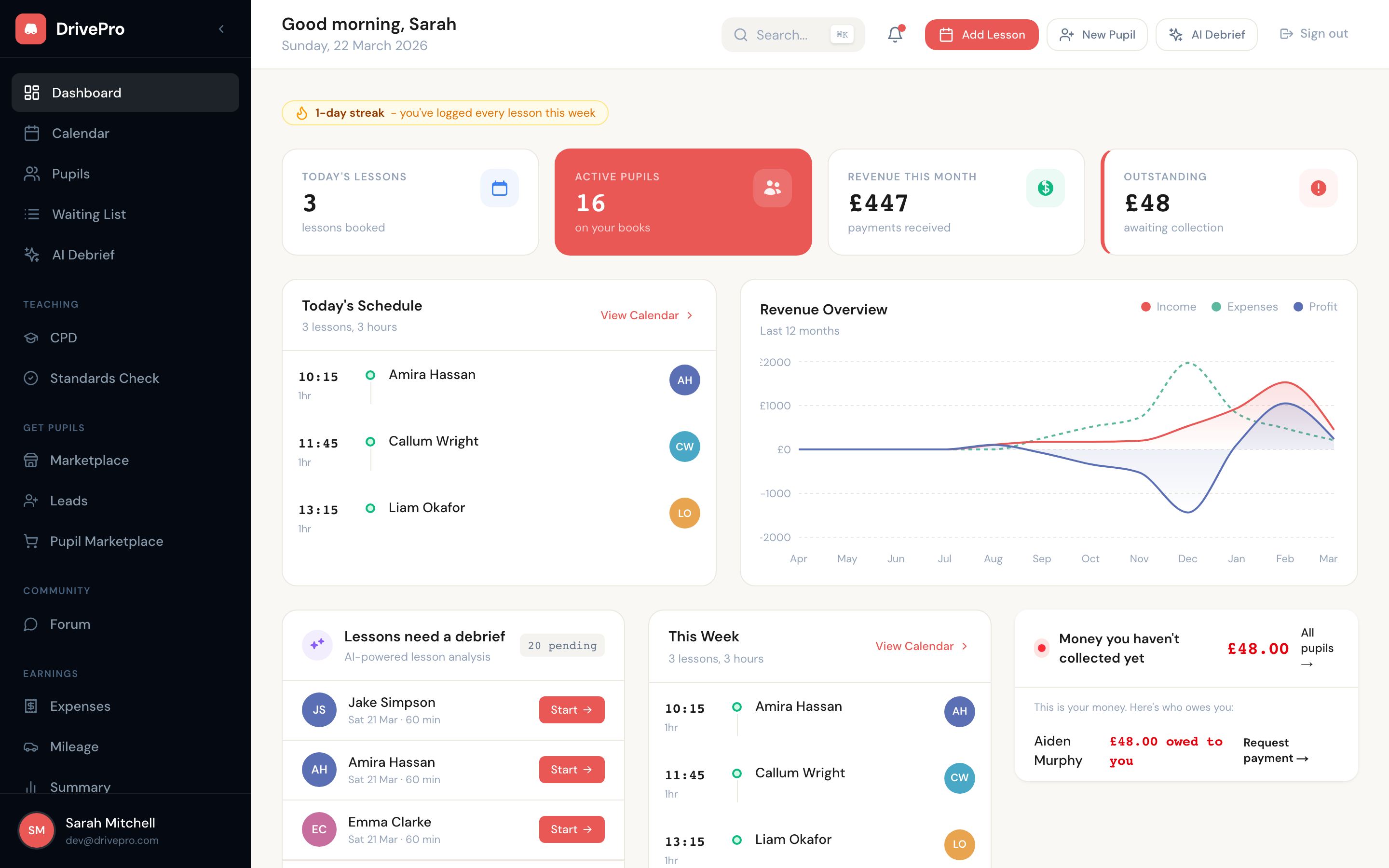 DrivePro instructor dashboard