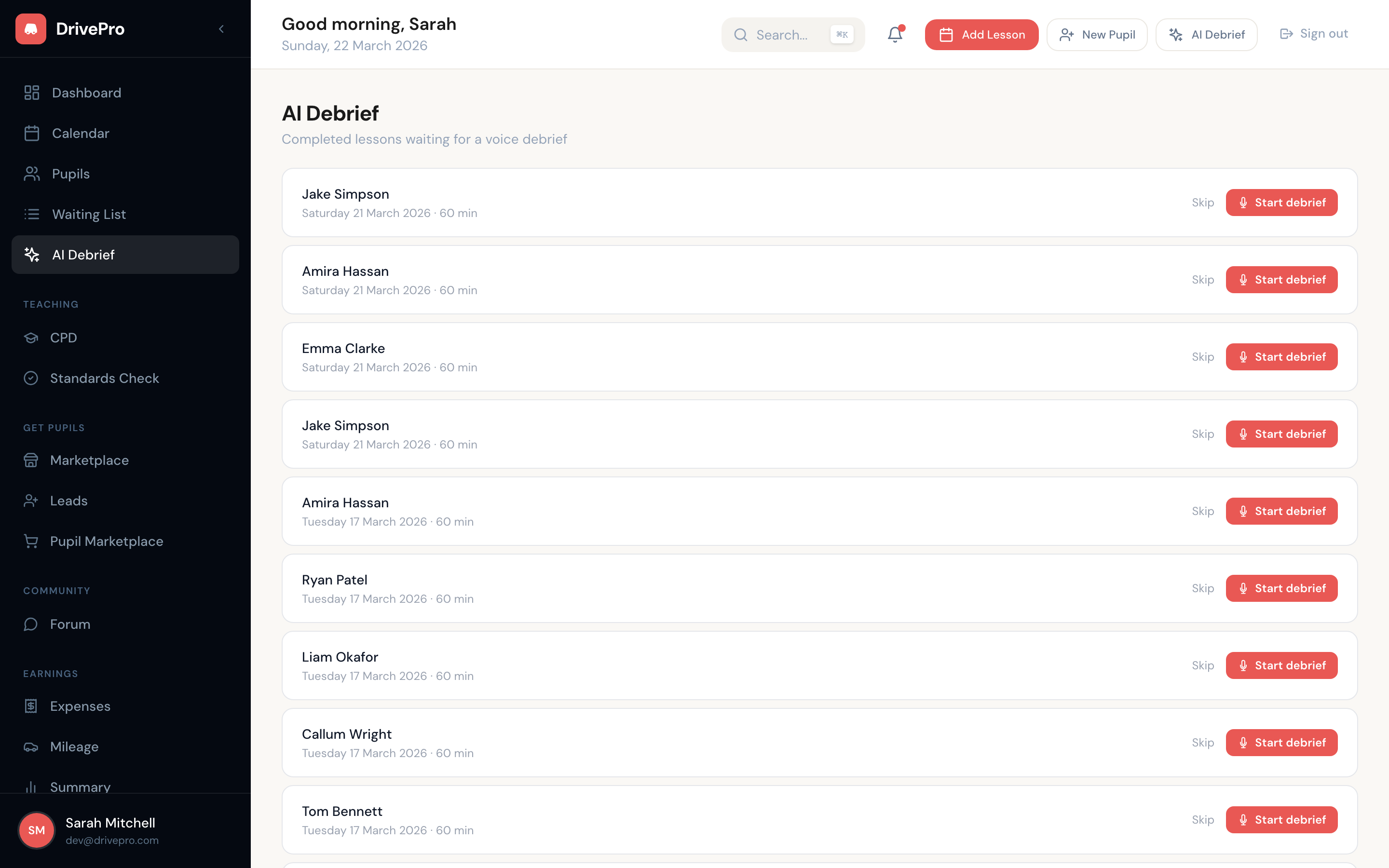 DrivePro lesson debrief screen